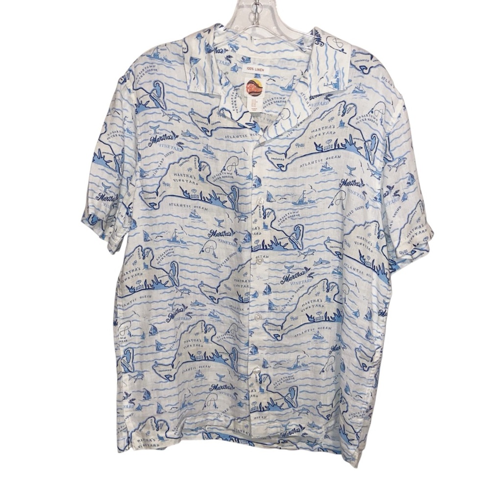 C & C California Shirt Mens Medium 100% Linen Button Martha’s Vineyard Print